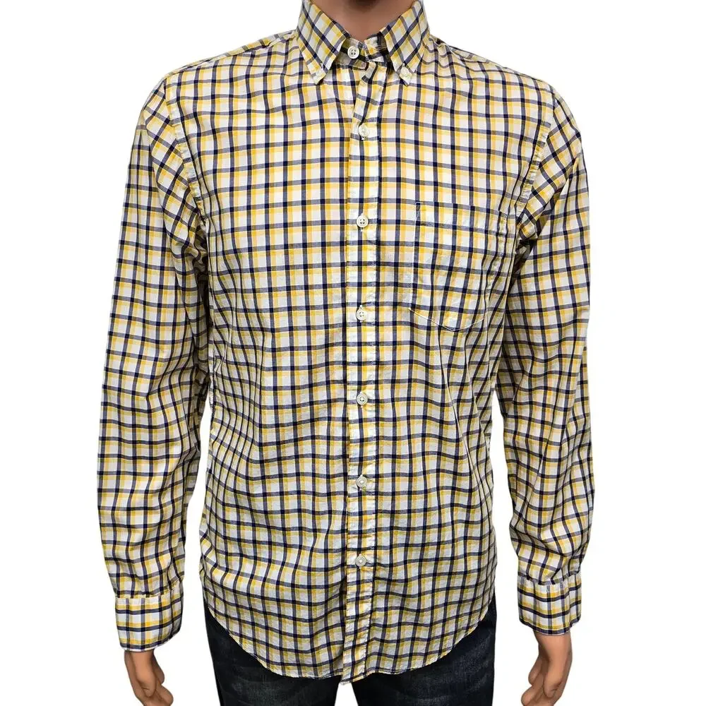 J. Crew NY Light Weight Shirt Men S Button Down Yellow Navy White Check Plaid